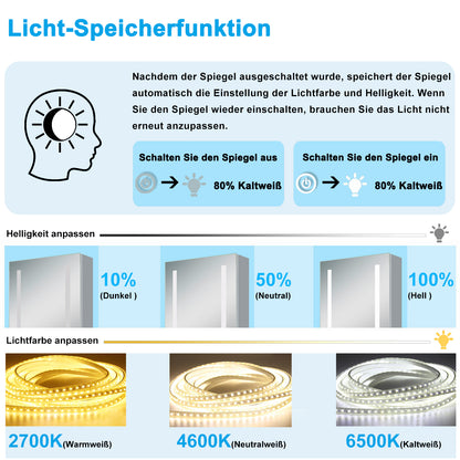 LED Spiegelschrank 60x80cm mit Wand/Touchschalter,Beschlagfrei,3 Lichtfarbe 2700-6500K Dimmbar und Rasier steckdose,Aluminium, Softclose