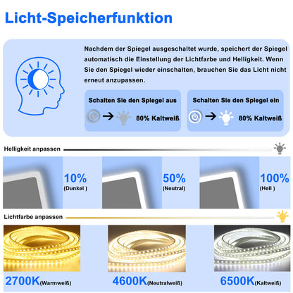 70x50cm LED Badspiegel mit Bluetooth und Uhr,Badspiegel mit Beleuchtung,Touch,Beschlagfrei,Badezimmerspiegel mit 3 Lichtfarbe 2700-6500K Dimmbar,IP44