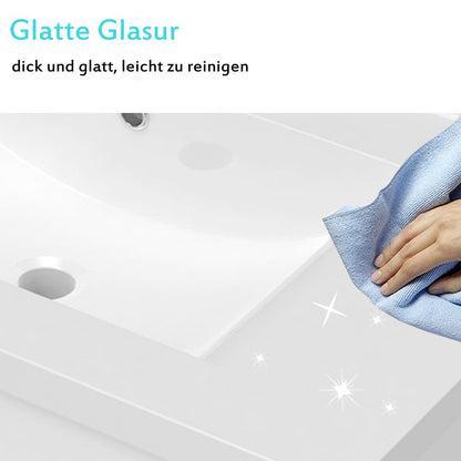 Badezimmer Badmöbel 60cm Mineralguss Waschtisch mit Unterschrank Hängeschrank Hochglanz Weiß Badezimmerschränke Badschrank mit 2 Soft-Close Türen