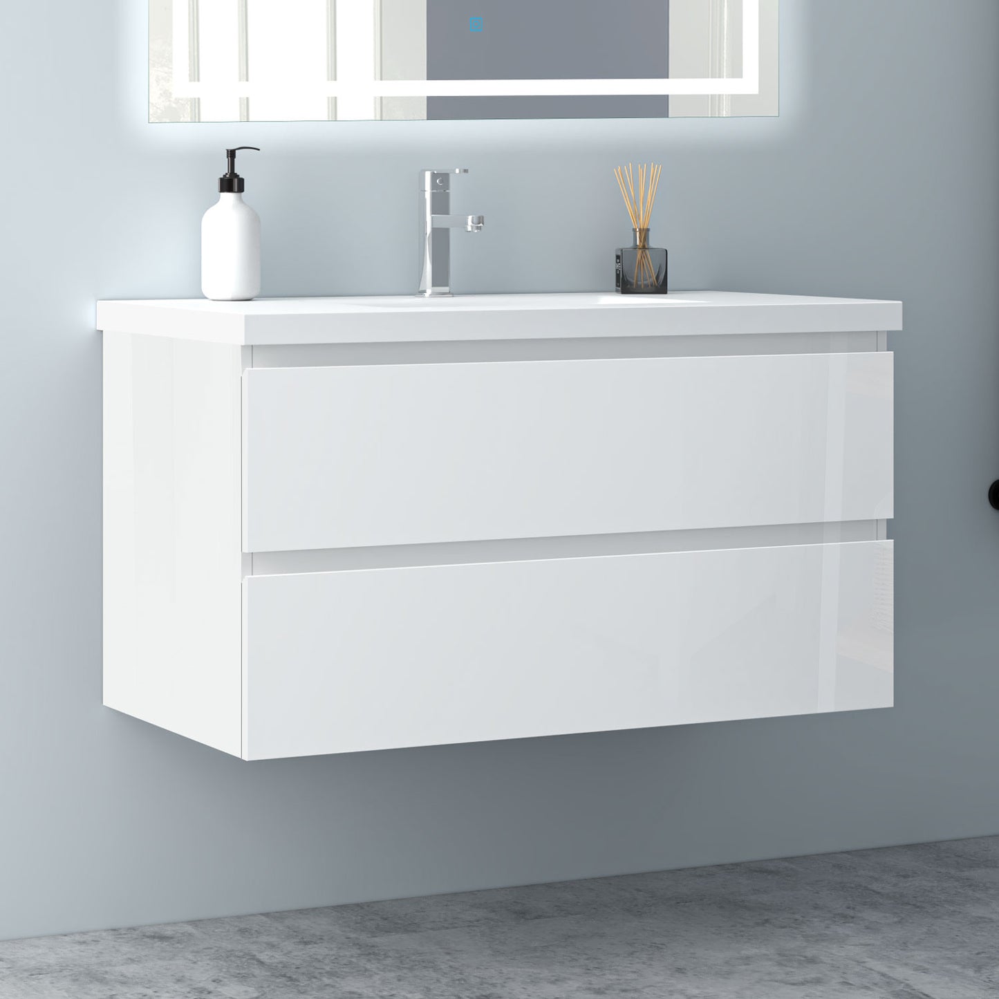 Badezimmermöbel 100cm Mineralguss Waschtisch mit Unterschrank Badmöbel set Badezimmerschränke mit 2 Soft-Close Schubladen Hochglanz Weiß