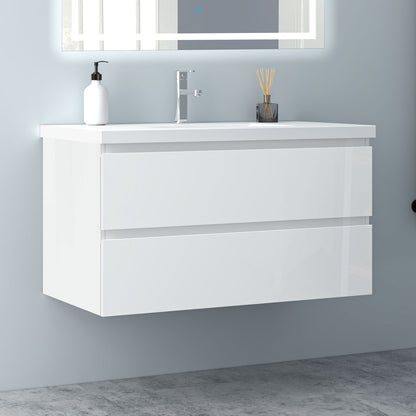 Badezimmermöbel 100cm Mineralguss Waschtisch mit Unterschrank Badmöbel set Badezimmerschränke mit 2 Soft-Close Schubladen Hochglanz Weiß