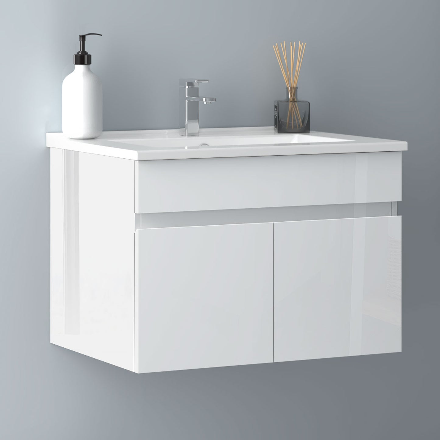 Badezimmer Badmöbel 60cm Dünn Keramik Waschtisch mit Unterschrank Hängeschrank Hochglanz Weiß Badezimmerschränke Badschrank mit 2 Soft-Close Türen