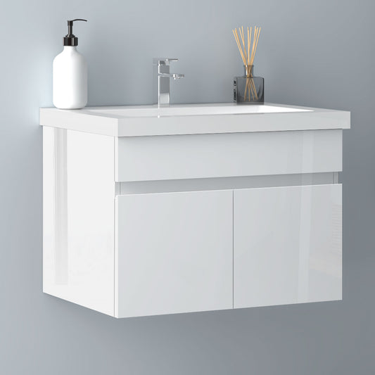 Badezimmer Badmöbel 60cm Mineralguss Waschtisch mit Unterschrank Hängeschrank Hochglanz Weiß Badezimmerschränke Badschrank mit 2 Soft-Close Türen