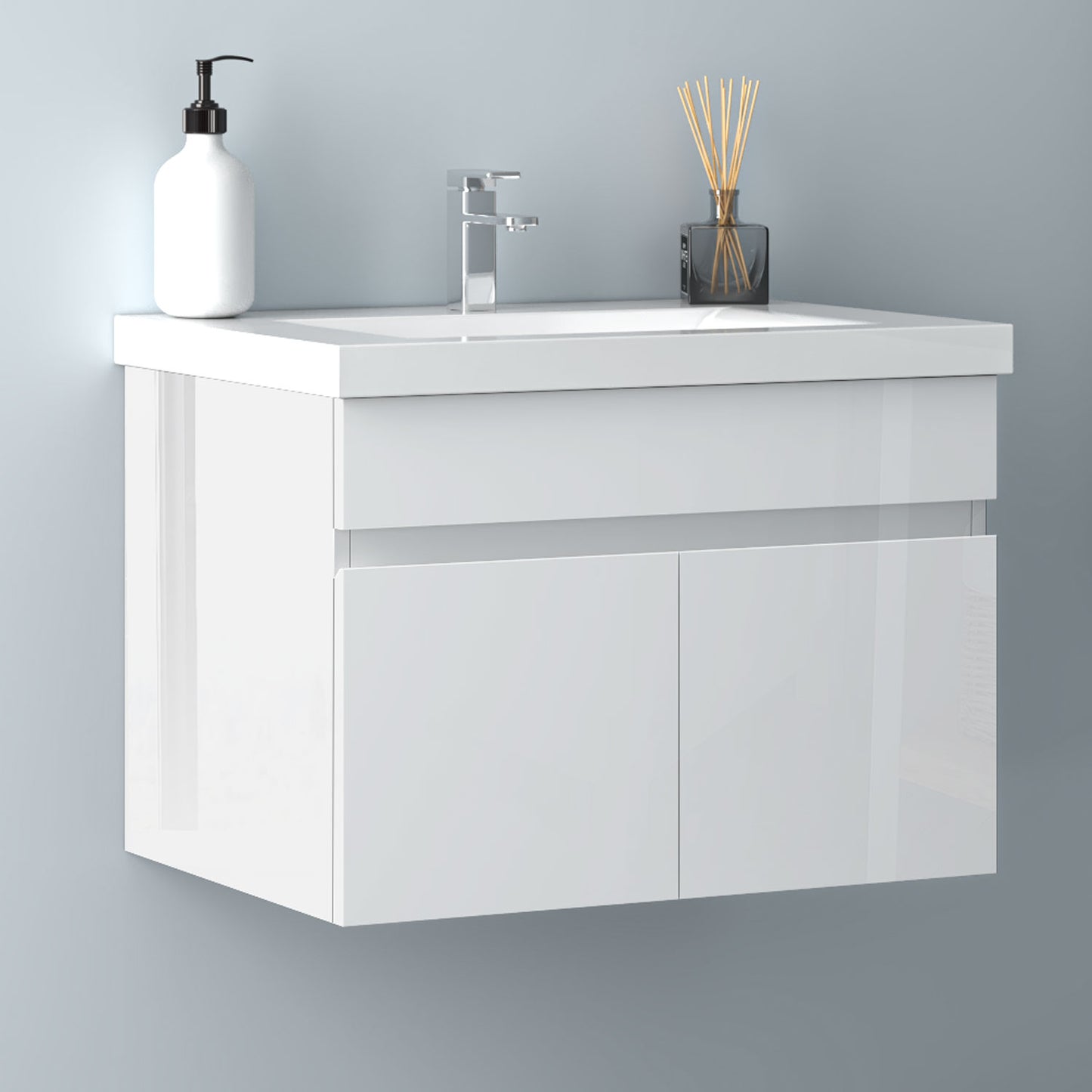 Badezimmer Badmöbel 60cm Dickes Keramik Waschtisch mit Unterschrank Hängeschrank Hochglanz Weiß Badezimmerschränke Badschrank mit 2 Soft-Close Türen