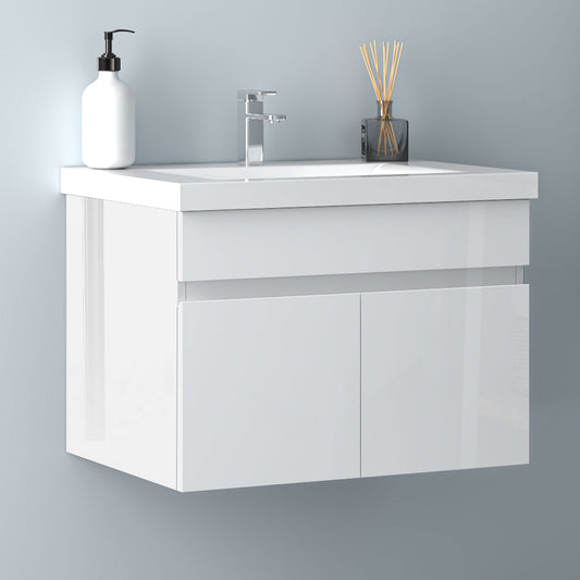 Badezimmer Badmöbel 60cm Dickes Keramik Waschtisch mit Unterschrank Hängeschrank Hochglanz Weiß Badezimmerschränke Badschrank mit 2 Soft-Close Türen