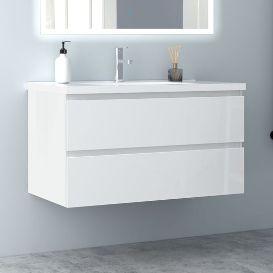 Badezimmermöbel 100cm Keramik Waschtisch mit Unterschrank Badmöbel set Badezimmerschränke mit 2 Soft-Close Schubladen Hochglanz Weiß