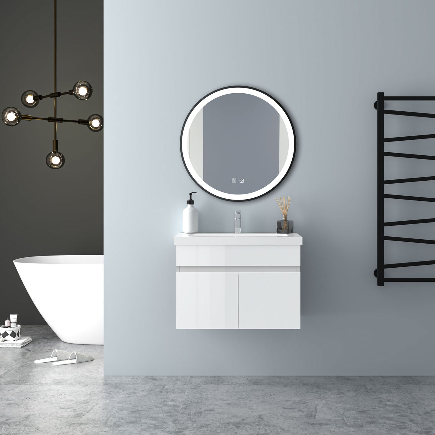 Badezimmer Badmöbel 60cm Mineralguss Waschtisch mit Unterschrank Hängeschrank Hochglanz Weiß Badezimmerschränke Badschrank mit 2 Soft-Close Türen