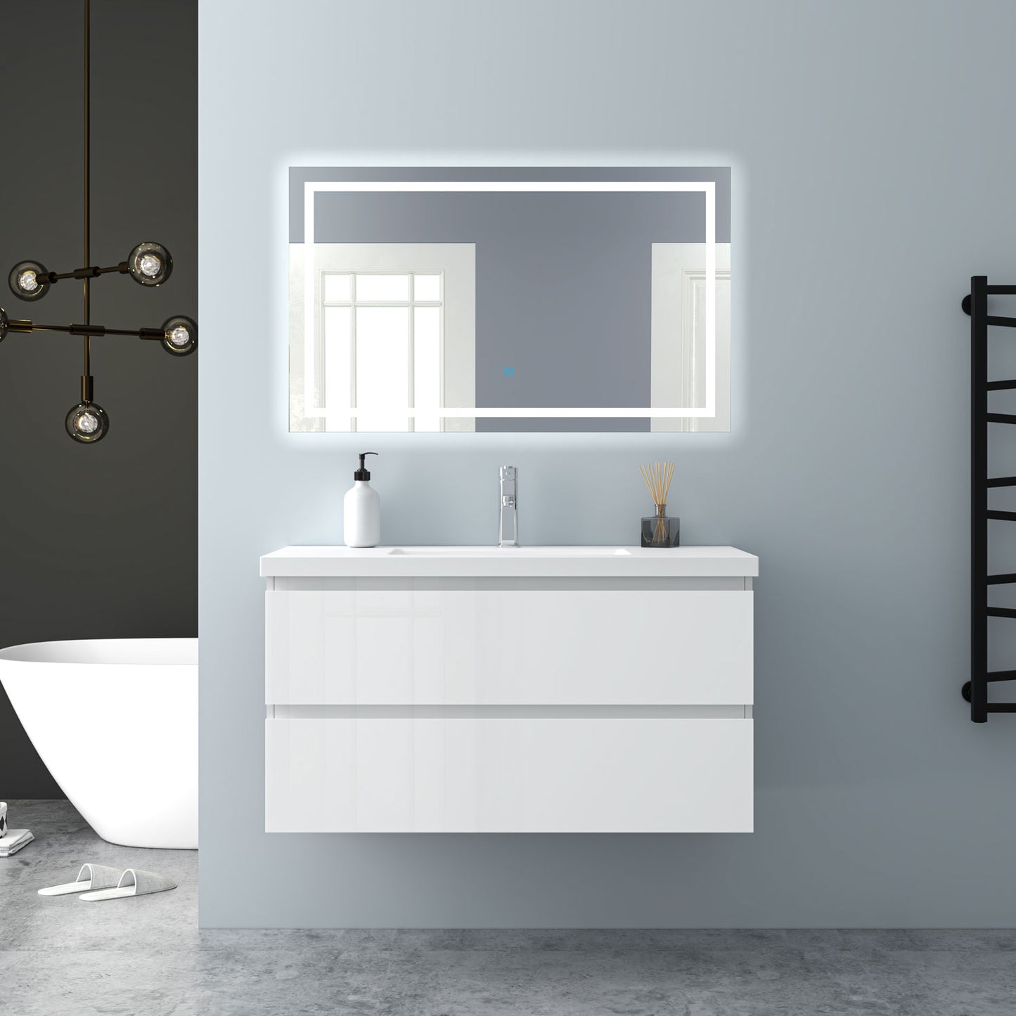 Badezimmermöbel 100cm Mineralguss Waschtisch mit Unterschrank Badmöbel set Badezimmerschränke mit 2 Soft-Close Schubladen Hochglanz Weiß