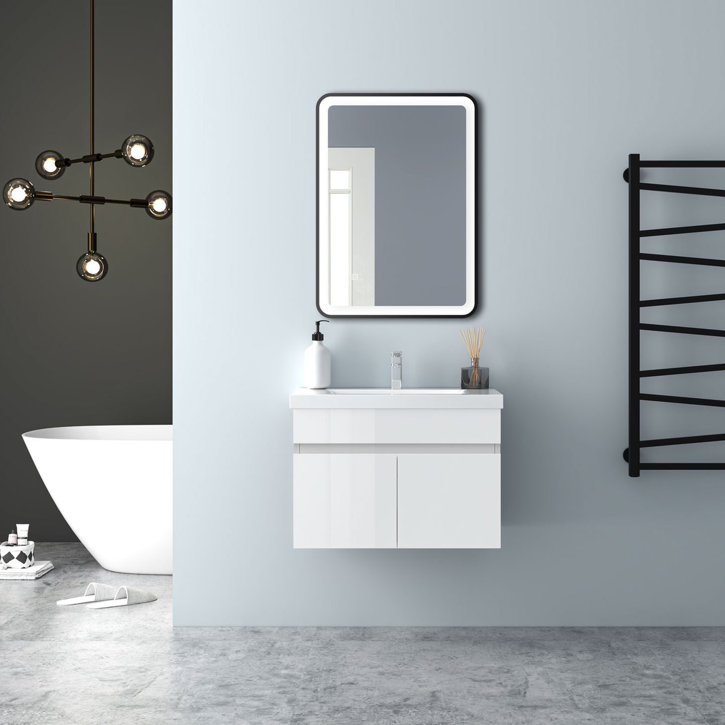 Badezimmer Badmöbel 60cm Dickes Keramik Waschtisch mit Unterschrank Hängeschrank Hochglanz Weiß Badezimmerschränke Badschrank mit 2 Soft-Close Türen