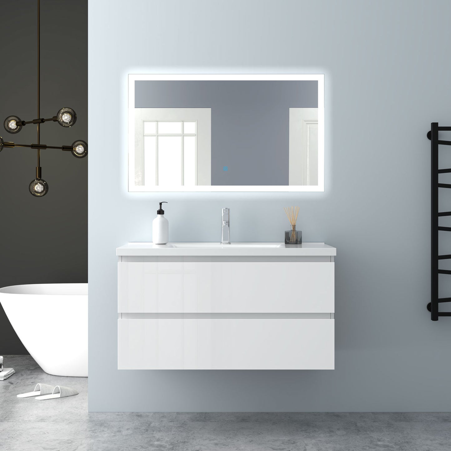 Badezimmermöbel 100cm Keramik Waschtisch mit Unterschrank Badmöbel set Badezimmerschränke mit 2 Soft-Close Schubladen Hochglanz Weiß