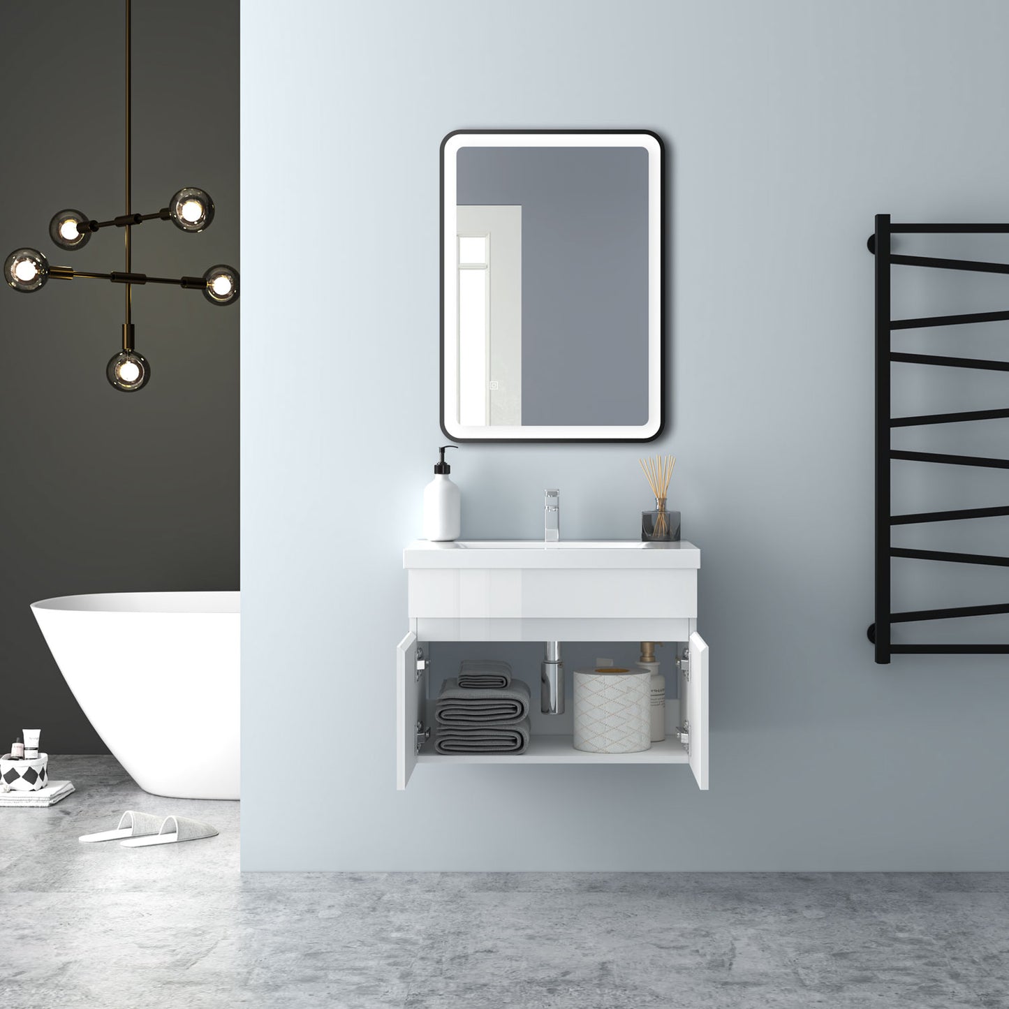 Badezimmer Badmöbel 60cm Dickes Keramik Waschtisch mit Unterschrank Hängeschrank Hochglanz Weiß Badezimmerschränke Badschrank mit 2 Soft-Close Türen