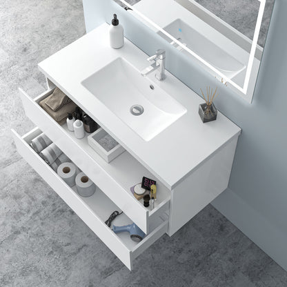 Badezimmermöbel 100cm Mineralguss Waschtisch mit Unterschrank Badmöbel set Badezimmerschränke mit 2 Soft-Close Schubladen Hochglanz Weiß