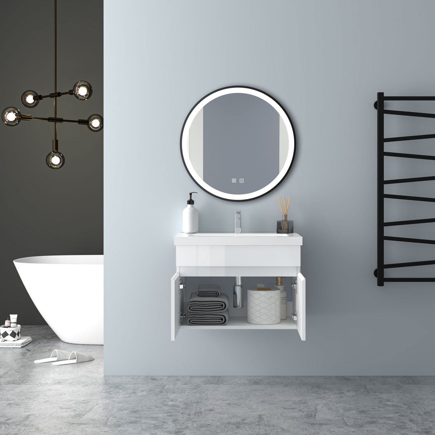 Badezimmer Badmöbel 60cm Mineralguss Waschtisch mit Unterschrank Hängeschrank Hochglanz Weiß Badezimmerschränke Badschrank mit 2 Soft-Close Türen