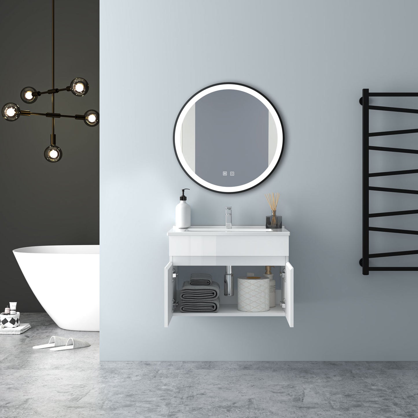 Badezimmer Badmöbel 60cm Dünn Keramik Waschtisch mit Unterschrank Hängeschrank Hochglanz Weiß Badezimmerschränke Badschrank mit 2 Soft-Close Türen