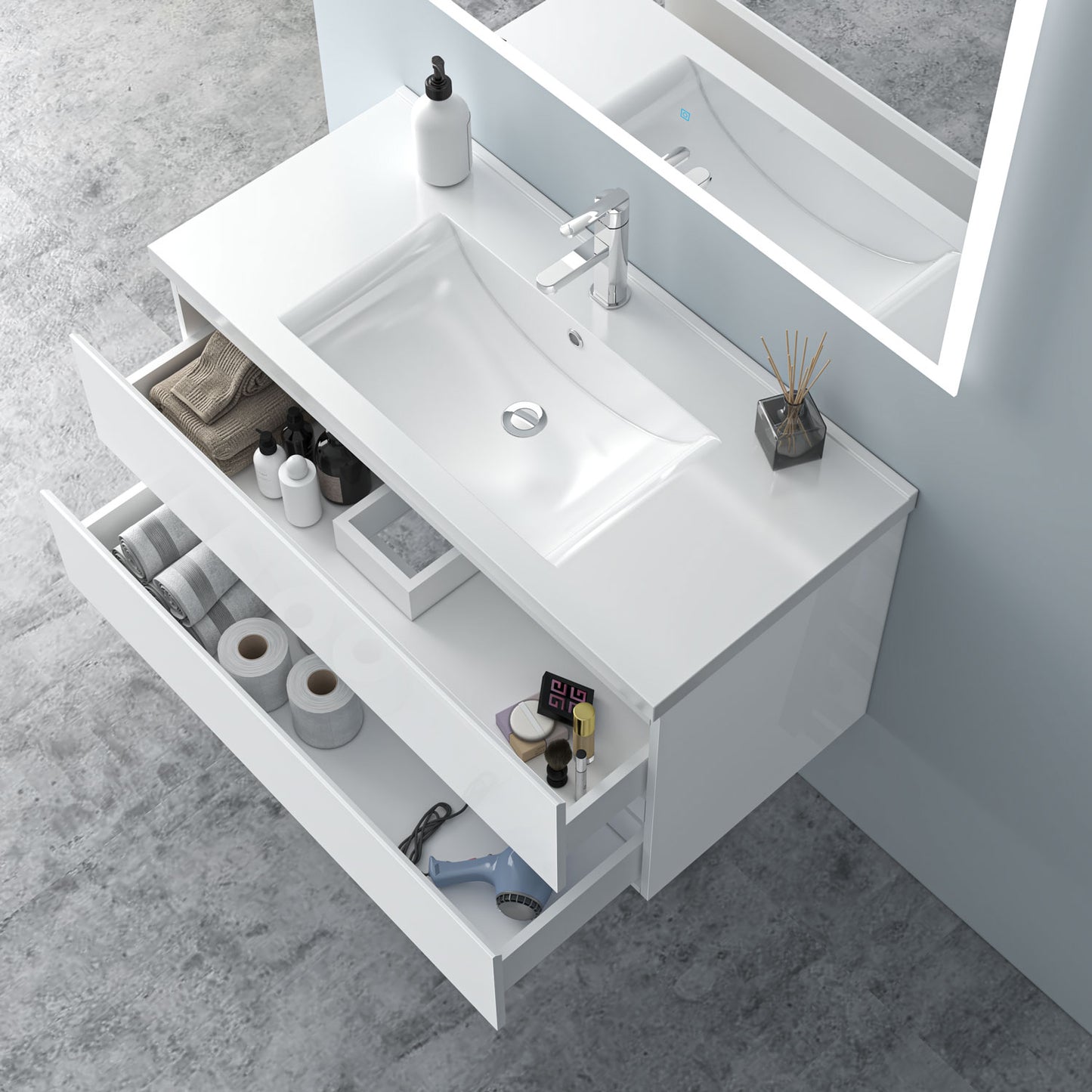 Badezimmermöbel 100cm Keramik Waschtisch mit Unterschrank Badmöbel set Badezimmerschränke mit 2 Soft-Close Schubladen Hochglanz Weiß