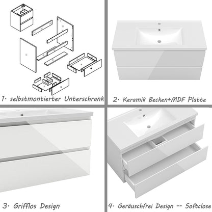 Badezimmermöbel 100cm Keramik Waschtisch mit Unterschrank Badmöbel set Badezimmerschränke mit 2 Soft-Close Schubladen Hochglanz Weiß