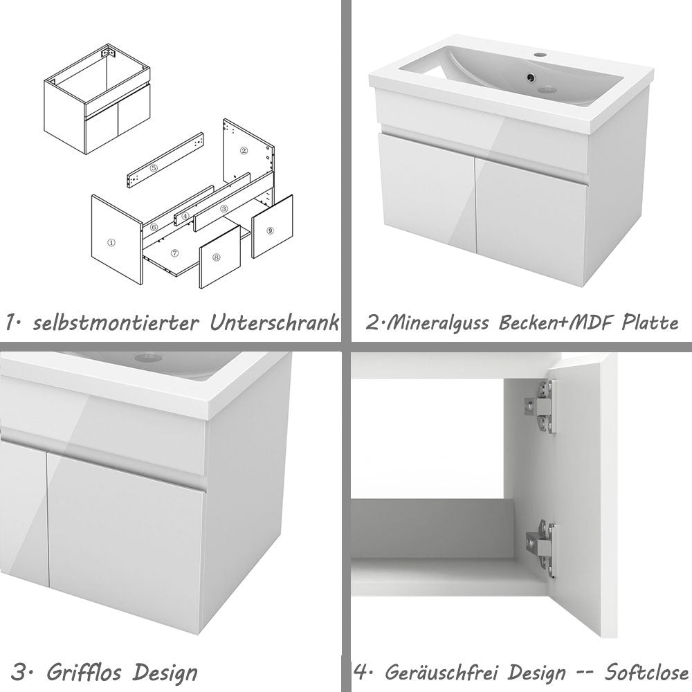 Badezimmer Badmöbel 60cm Mineralguss Waschtisch mit Unterschrank Hängeschrank Hochglanz Weiß Badezimmerschränke Badschrank mit 2 Soft-Close Türen