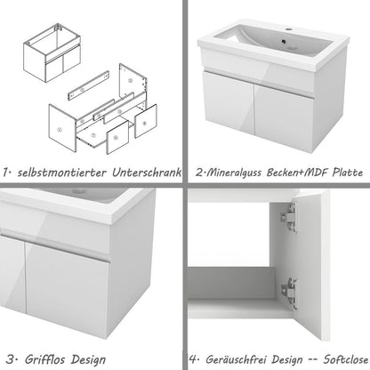 Badezimmer Badmöbel 60cm Mineralguss Waschtisch mit Unterschrank Hängeschrank Hochglanz Weiß Badezimmerschränke Badschrank mit 2 Soft-Close Türen