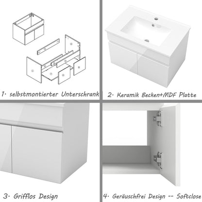 Badezimmer Badmöbel 60cm Dünn Keramik Waschtisch mit Unterschrank Hängeschrank Hochglanz Weiß Badezimmerschränke Badschrank mit 2 Soft-Close Türen