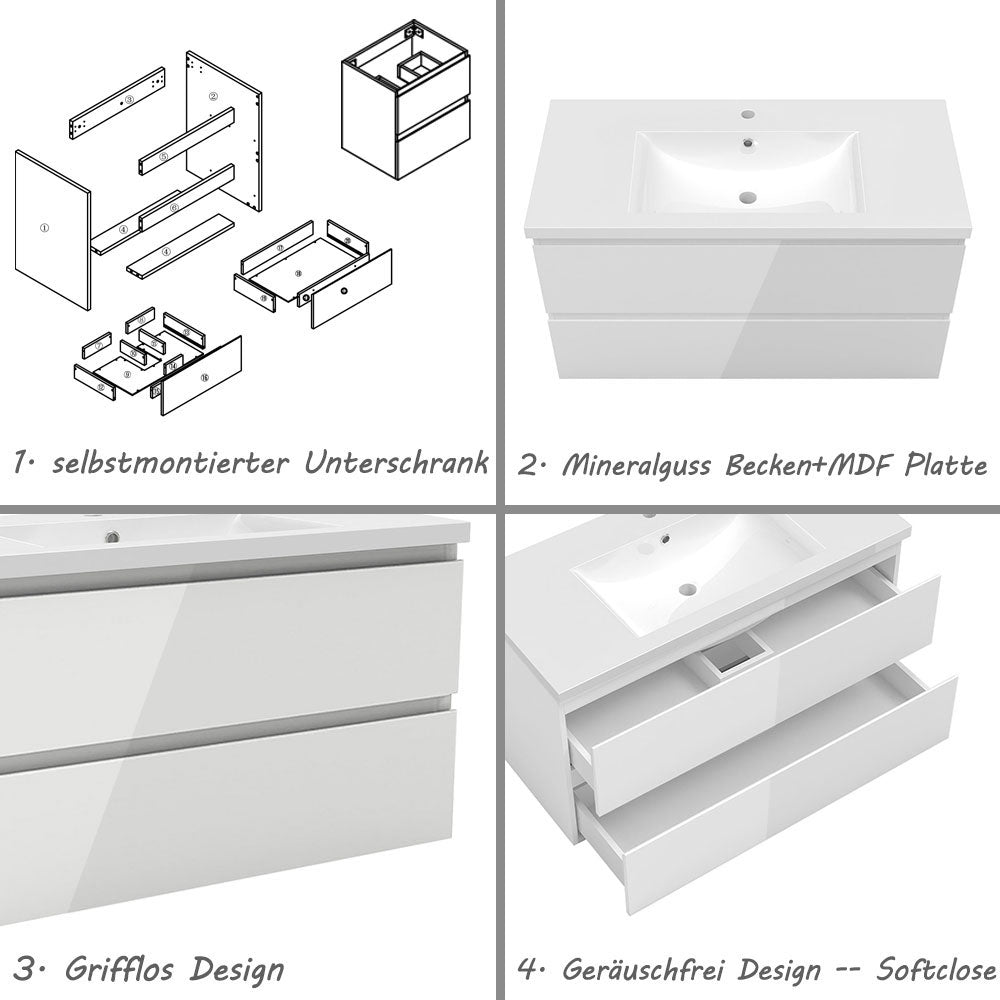 Badezimmermöbel 100cm Mineralguss Waschtisch mit Unterschrank Badmöbel set Badezimmerschränke mit 2 Soft-Close Schubladen Hochglanz Weiß