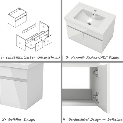 Badezimmer Badmöbel 60cm Dickes Keramik Waschtisch mit Unterschrank Hängeschrank Hochglanz Weiß Badezimmerschränke Badschrank mit 2 Soft-Close Türen