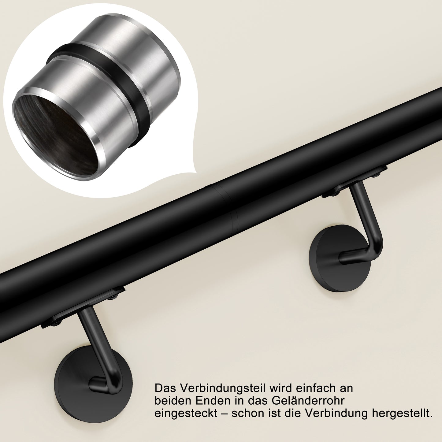Edelstahl Handlaufverbinder mit Mittelsteg Ø 42,2 mm | Steckfitting & Gerade Rohrverbindung zum Kleben für Treppen- & Wandhandläufe in Silber & Schwarz Matt