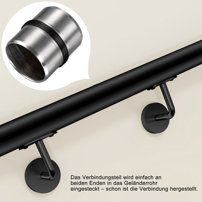 Edelstahl Handlaufverbinder mit Mittelsteg Ø 42,2 mm | Steckfitting & Gerade Rohrverbindung zum Kleben für Treppen- & Wandhandläufe in Silber & Schwarz Matt