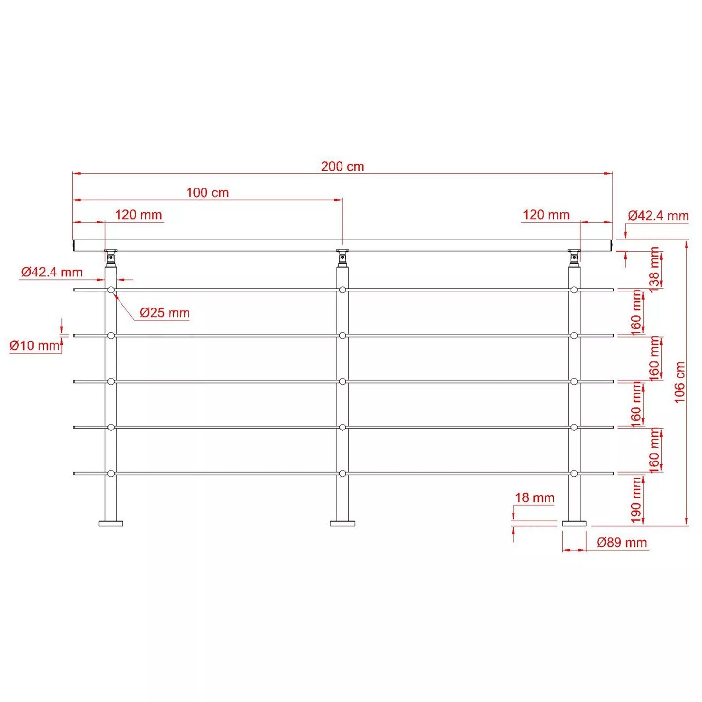 Brüstung Handläufe und Geländersysteme Geländer 5 Querstäbe Treppengeländer Edelstahl Handlauf Balkongeländer