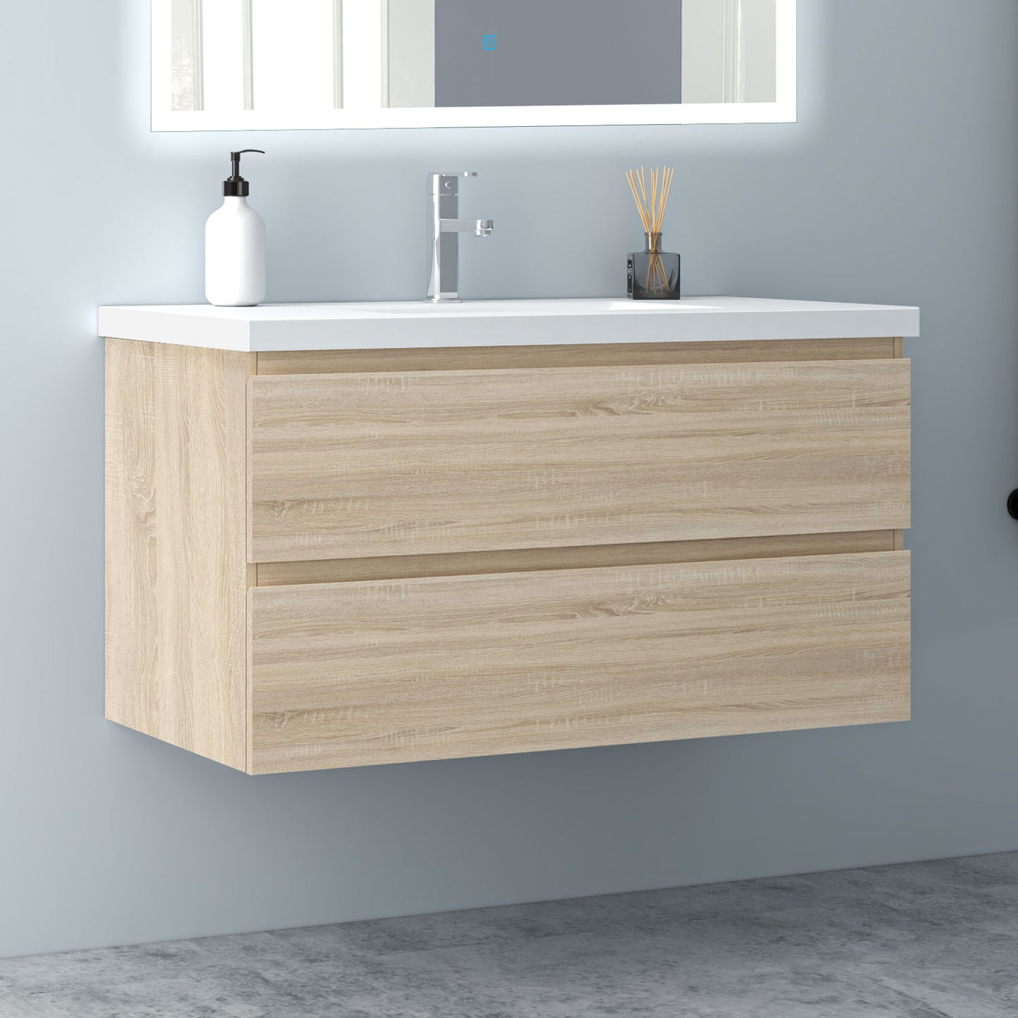 Badezimmermöbel 100cm Mineralguss Waschtisch mit Unterschrank Badmöbel set Badezimmerschränke mit 2 Soft-Close Schubladen Eiche Matt