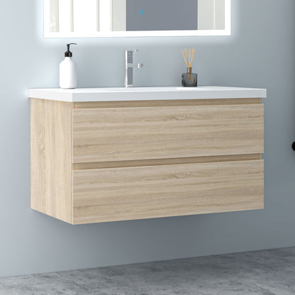 Badezimmermöbel 100cm Mineralguss Waschtisch mit Unterschrank Badmöbel set Badezimmerschränke mit 2 Soft-Close Schubladen Eiche Matt