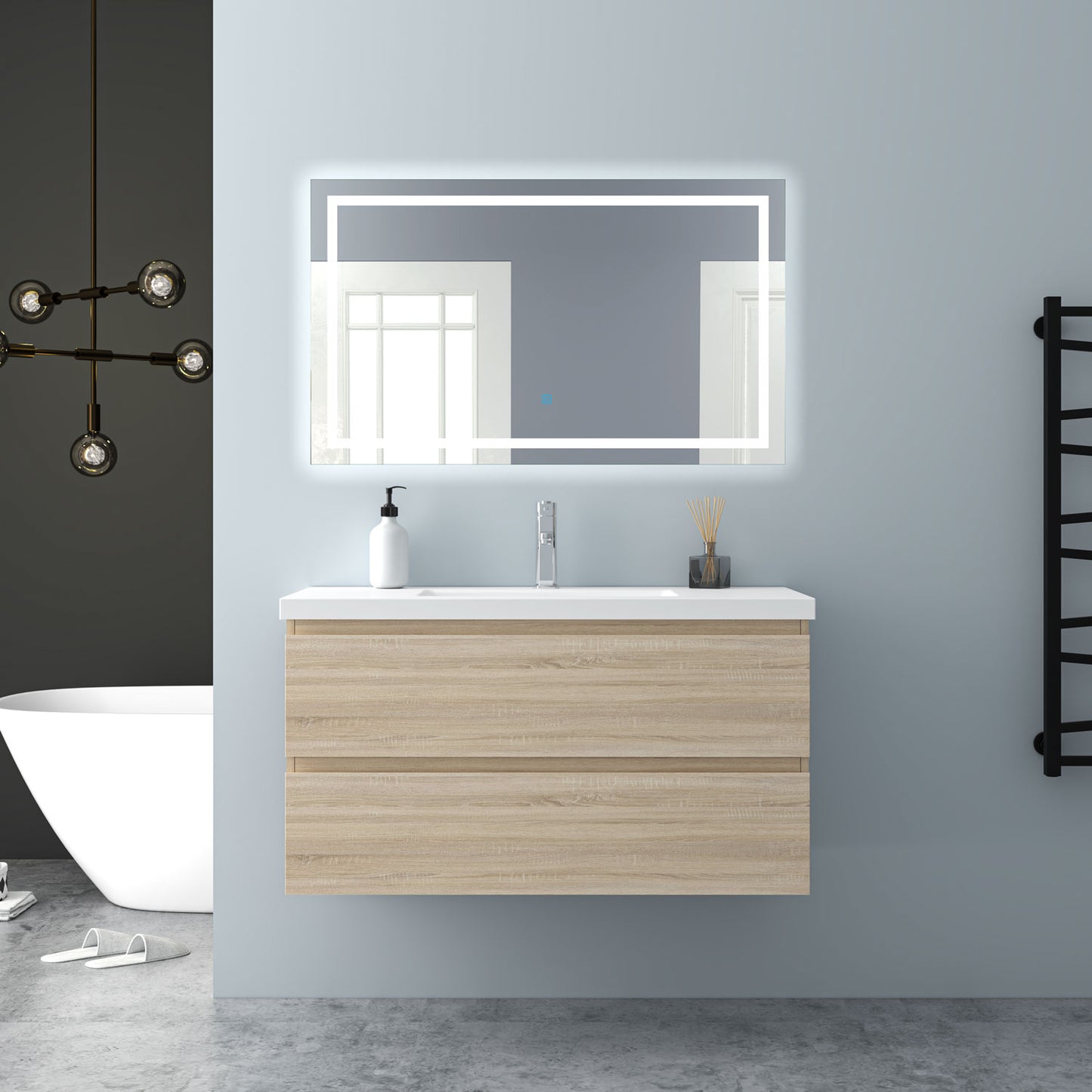 Badezimmermöbel 100cm Mineralguss Waschtisch mit Unterschrank Badmöbel set Badezimmerschränke mit 2 Soft-Close Schubladen Eiche Matt