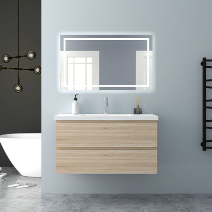 Badezimmermöbel 100cm Mineralguss Waschtisch mit Unterschrank Badmöbel set Badezimmerschränke mit 2 Soft-Close Schubladen Eiche Matt