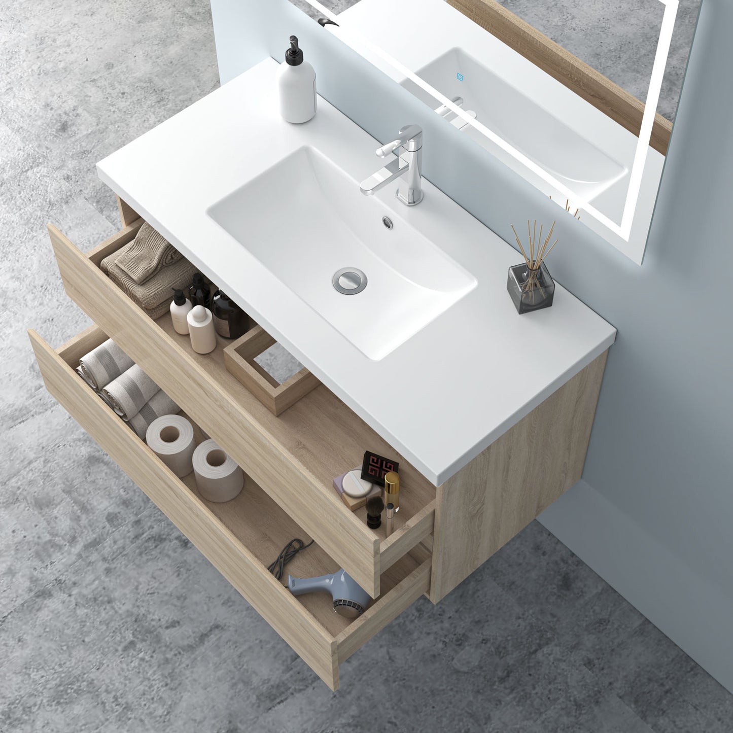 Badezimmermöbel 100cm Mineralguss Waschtisch mit Unterschrank Badmöbel set Badezimmerschränke mit 2 Soft-Close Schubladen Eiche Matt