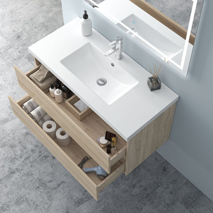 Badezimmermöbel 100cm Mineralguss Waschtisch mit Unterschrank Badmöbel set Badezimmerschränke mit 2 Soft-Close Schubladen Eiche Matt