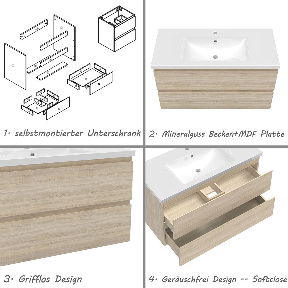 Badezimmermöbel 100cm Mineralguss Waschtisch mit Unterschrank Badmöbel set Badezimmerschränke mit 2 Soft-Close Schubladen Eiche Matt