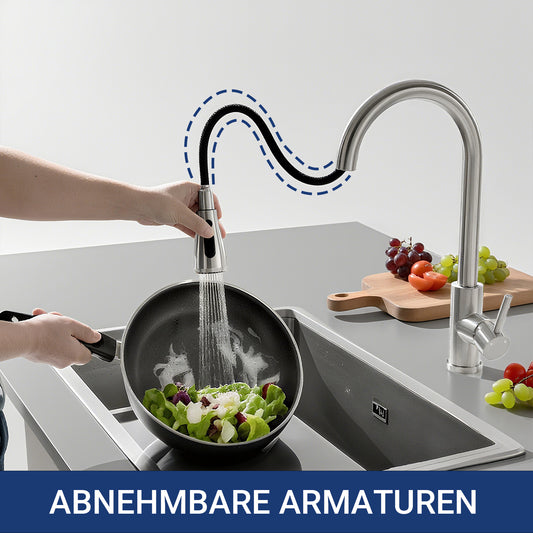 AICA Küchenarmatur mit ausziehbarem Auslauf, 360° Drehbar, 3 Modi – Edelstahl in verschiedenen Farben