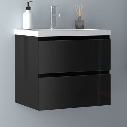 Badezimmermöbel 60cm Dickes Keramik Waschtisch mit Unterschrank Badmöbel set Badezimmerschränke mit 2 Soft-Close Schubladen Hochglanz Schwarz