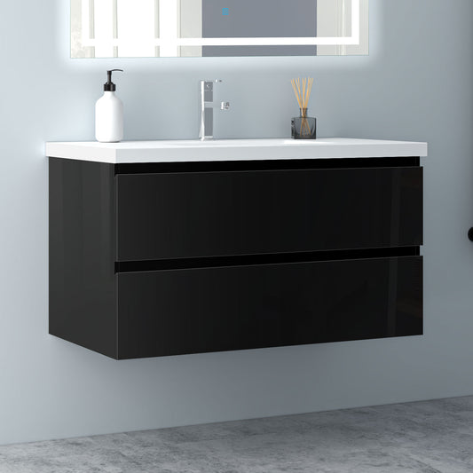 Badezimmermöbel 100cm Mineralguss Waschtisch mit Unterschrank Badmöbel set Badezimmerschränke mit 2 Soft-Close Schubladen Hochglanz Schwarz