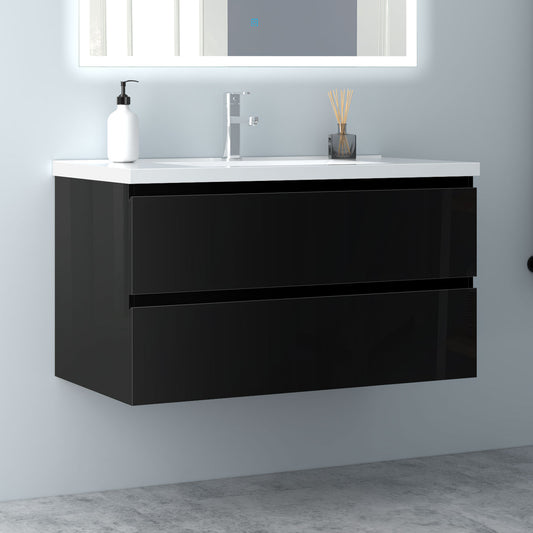 Badezimmermöbel 100cm Keramik Waschtisch mit Unterschrank Badmöbel set Badezimmerschränke mit 2 Soft-Close Schubladen Hochglanz Schwarz