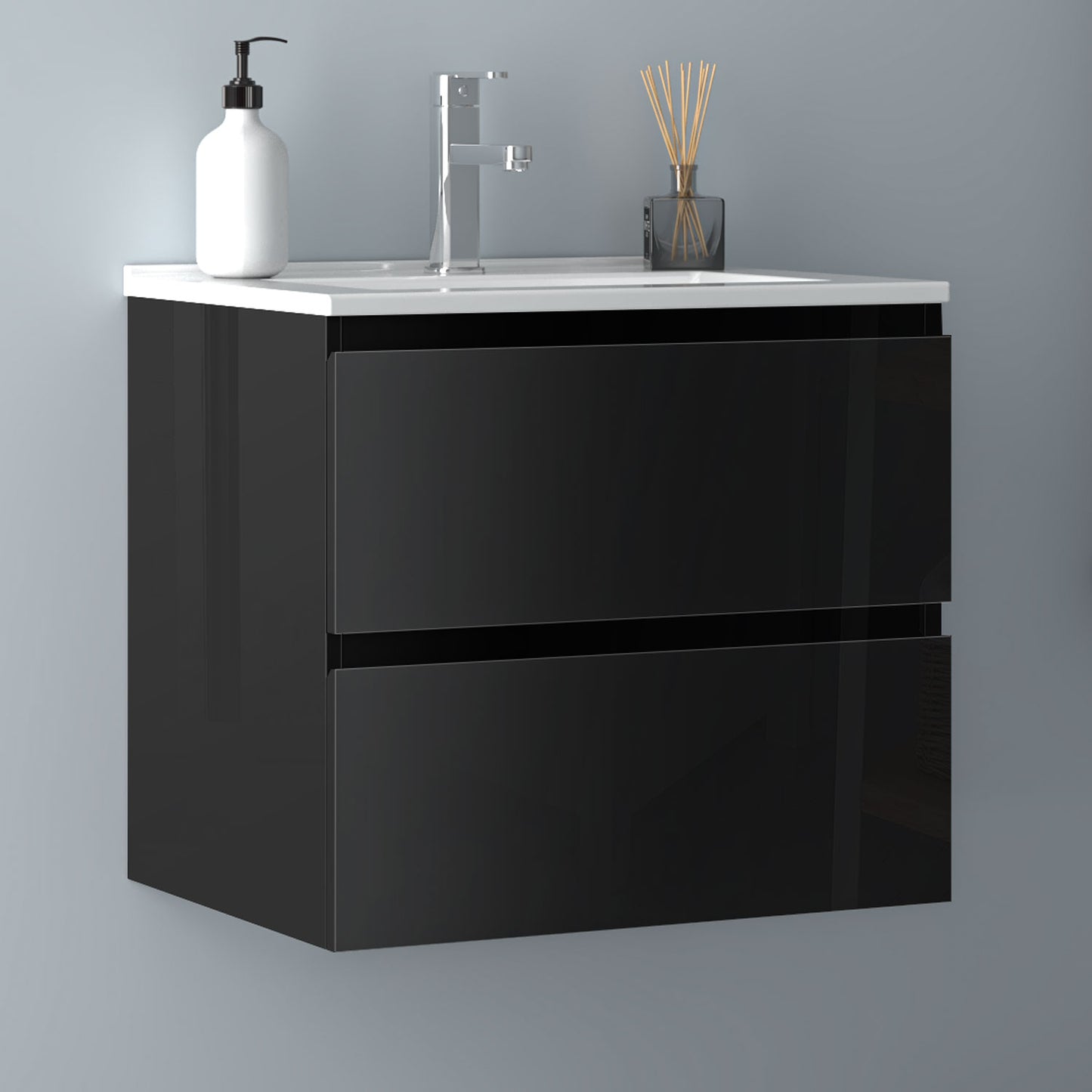 Badezimmermöbel 60cm Dünn Keramik Waschtisch mit Unterschrank Badmöbel set Badezimmerschränke mit 2 Soft-Close Schubladen Hochglanz Schwarz