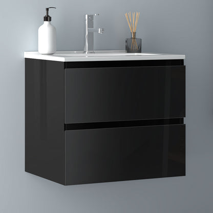 Badezimmermöbel 60cm Dünn Keramik Waschtisch mit Unterschrank Badmöbel set Badezimmerschränke mit 2 Soft-Close Schubladen Hochglanz Schwarz