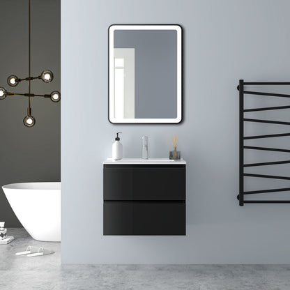 Badezimmermöbel 60cm Dünn Keramik Waschtisch mit Unterschrank Badmöbel set Badezimmerschränke mit 2 Soft-Close Schubladen Hochglanz Schwarz