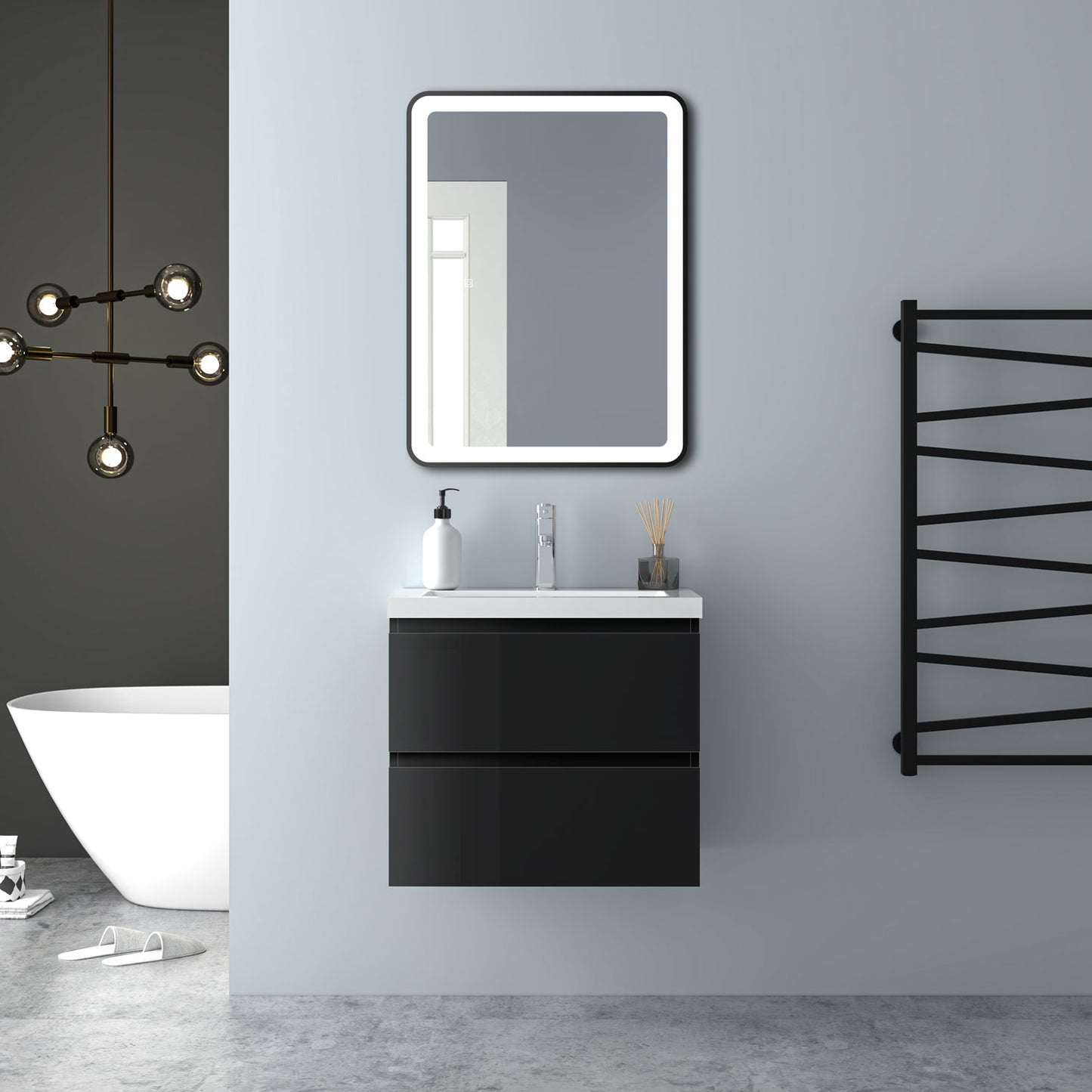 Badezimmermöbel 60cm Mineralguss Waschtisch mit Unterschrank Badmöbel set Badezimmerschränke mit 2 Soft-Close Schubladen Hochglanz Schwarz