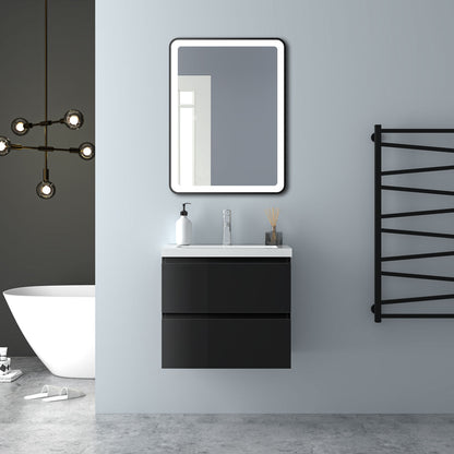 Badezimmermöbel 60cm Mineralguss Waschtisch mit Unterschrank Badmöbel set Badezimmerschränke mit 2 Soft-Close Schubladen Hochglanz Schwarz