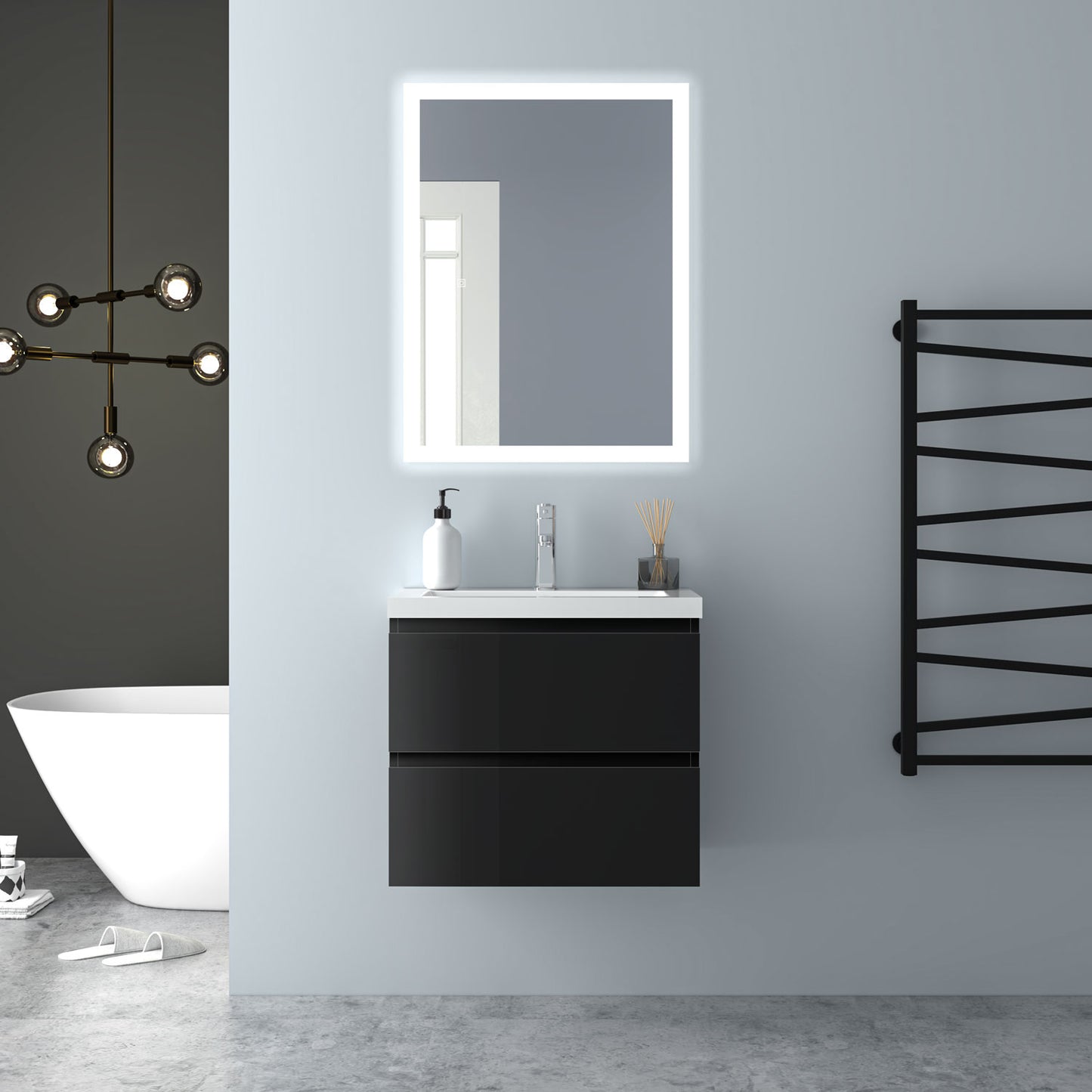 Badezimmermöbel 60cm Dickes Keramik Waschtisch mit Unterschrank Badmöbel set Badezimmerschränke mit 2 Soft-Close Schubladen Hochglanz Schwarz