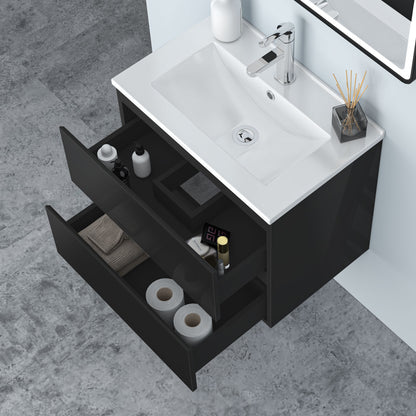 Badezimmermöbel 60cm Dünn Keramik Waschtisch mit Unterschrank Badmöbel set Badezimmerschränke mit 2 Soft-Close Schubladen Hochglanz Schwarz