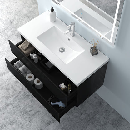 Badezimmermöbel 100cm Mineralguss Waschtisch mit Unterschrank Badmöbel set Badezimmerschränke mit 2 Soft-Close Schubladen Hochglanz Schwarz