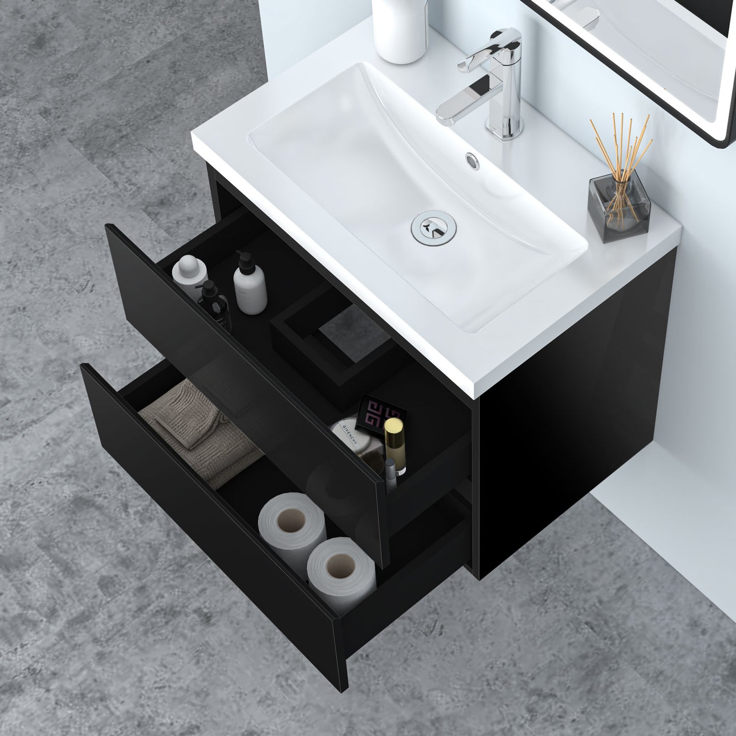 Badezimmermöbel 60cm Mineralguss Waschtisch mit Unterschrank Badmöbel set Badezimmerschränke mit 2 Soft-Close Schubladen Hochglanz Schwarz