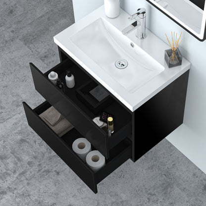 Badezimmermöbel 60cm Mineralguss Waschtisch mit Unterschrank Badmöbel set Badezimmerschränke mit 2 Soft-Close Schubladen Hochglanz Schwarz