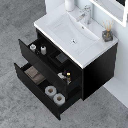 Badezimmermöbel 60cm Dickes Keramik Waschtisch mit Unterschrank Badmöbel set Badezimmerschränke mit 2 Soft-Close Schubladen Hochglanz Schwarz